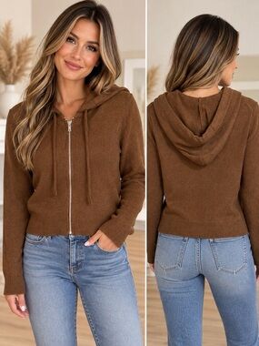 Zenana Brown Hooded Zip-Front Women's Sweater